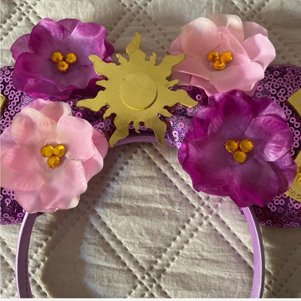 Purple Sequin Mouse Ears with Pink Flowers